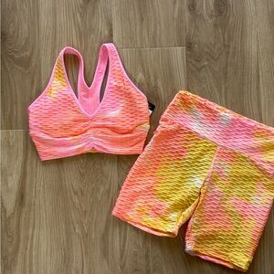 Textured Tie Dye Sports Bra & Ruched Biker Shorts Set Pink Orange Yellow